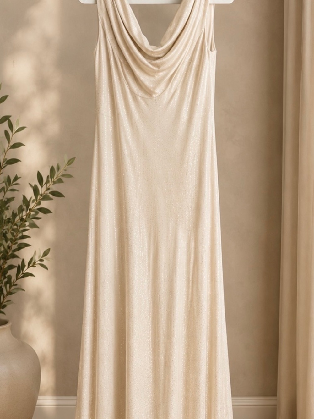 Calvin Klein Gold Long Dress, Elegant sleveless maxi dress with soft draped neck